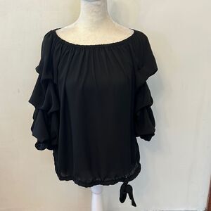 CeCe black tie waist statement sleeve blouse Size S EUC